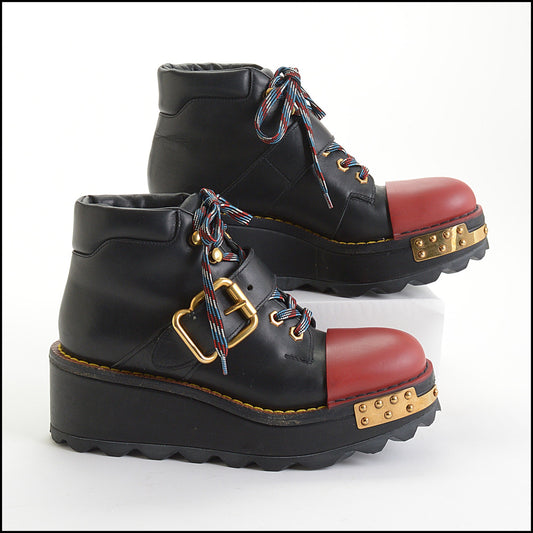 RDC14320 Authentic PRADA Black & Red Chunk Boots Size 8.5