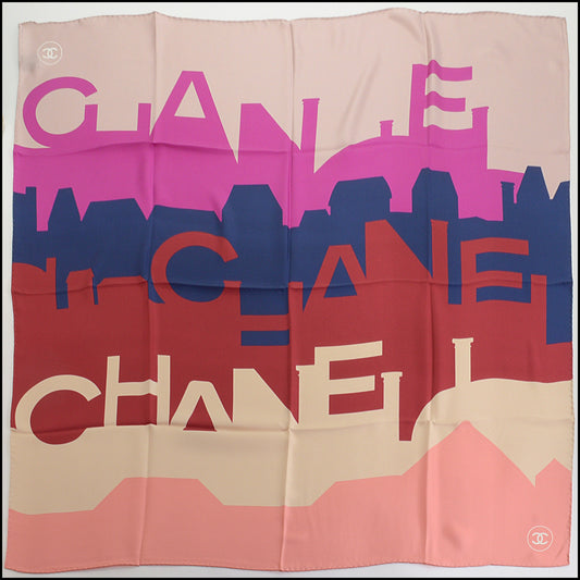 RDC14311 Authentic CHANEL Pink & Multicolor City Skyline 90cm Silk Scarf