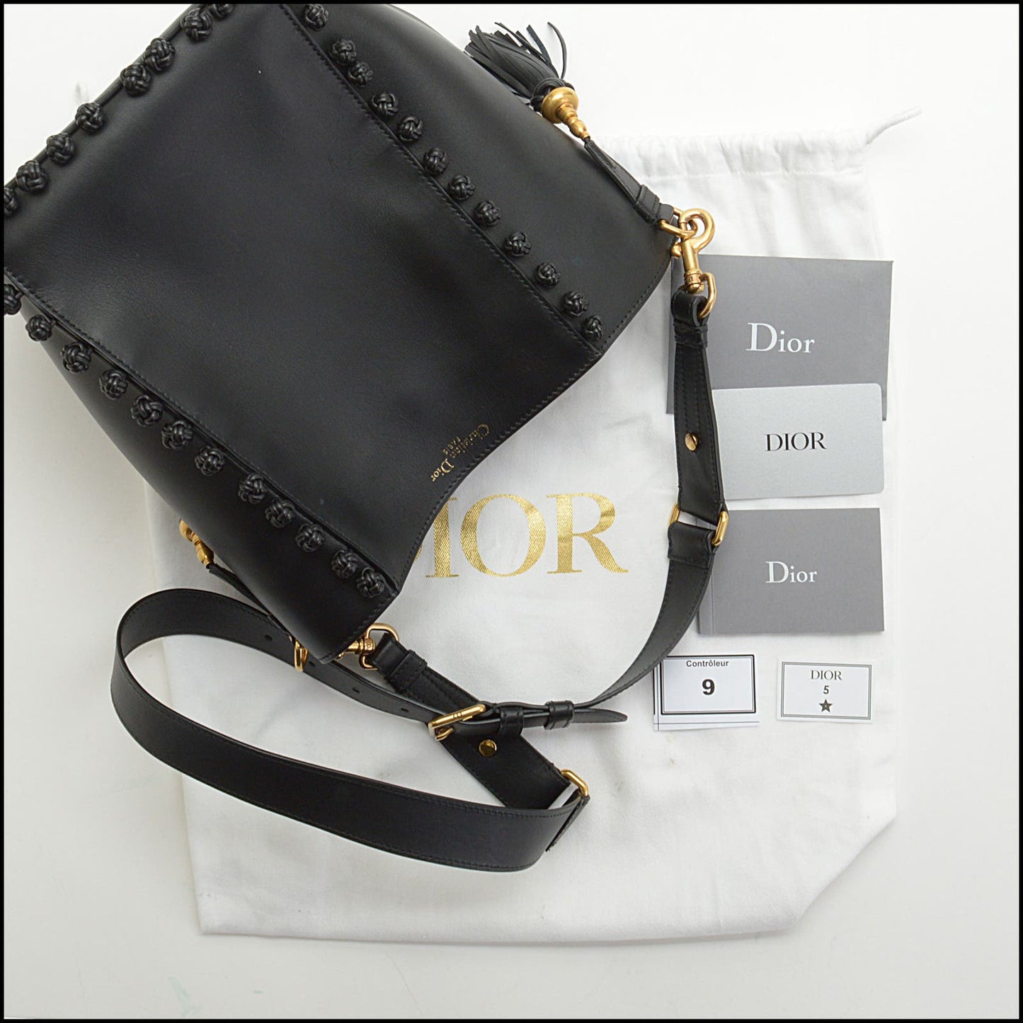 RDC13863 Authentic DIOR Black Leather Knotted Hobo Bucket Bag