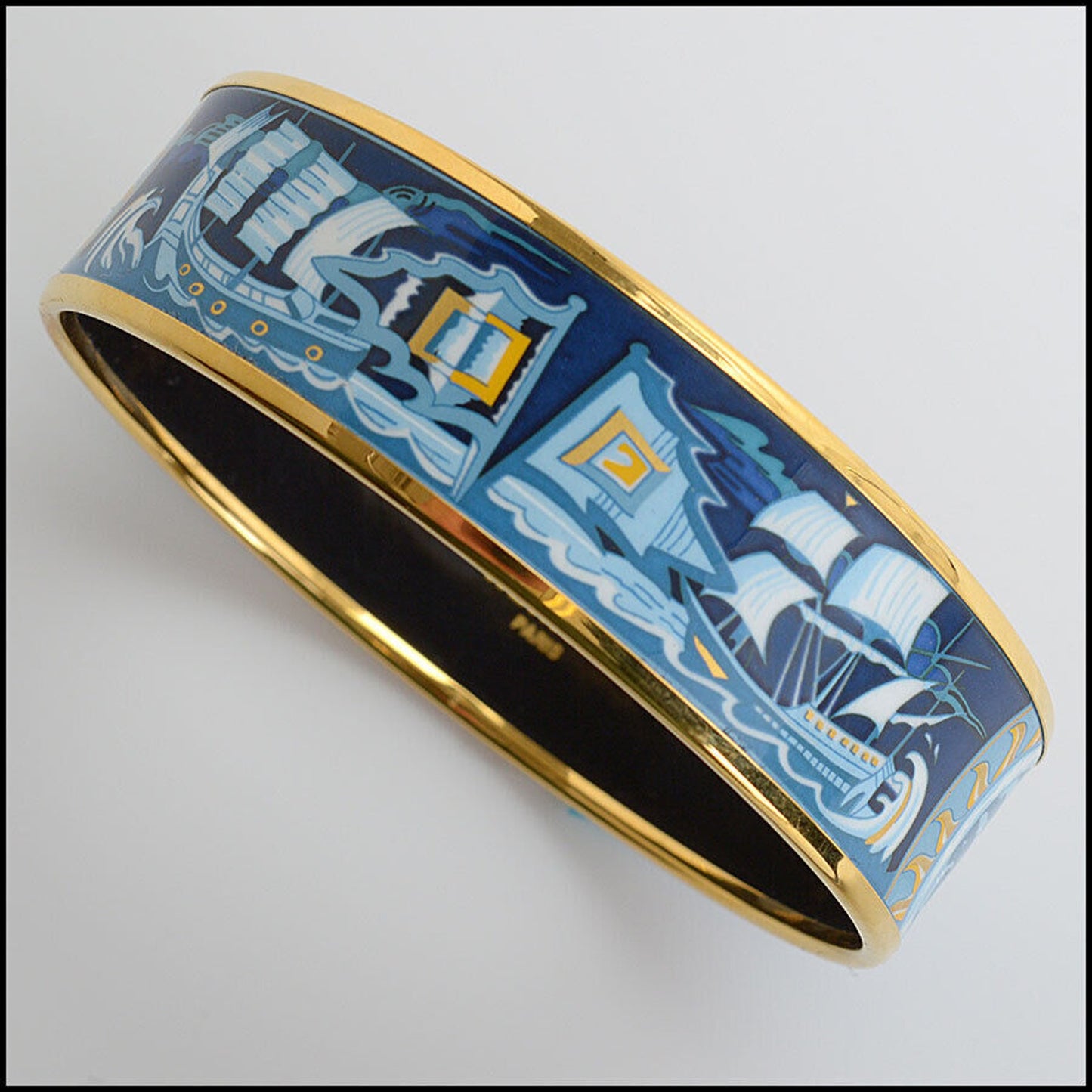 RDC12919 Authentic Hermes Navy/Gold Sailing Ships Emaile Enamel Bangle Bracelet