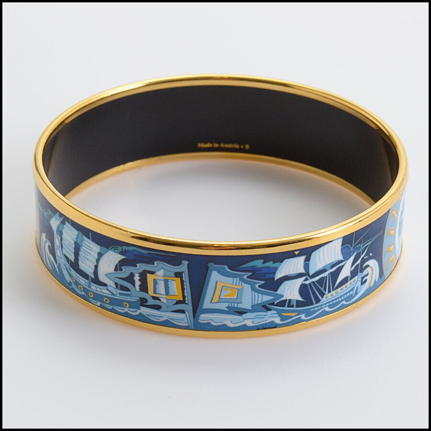 RDC12919 Authentic Hermes Navy/Gold Sailing Ships Emaile Enamel Bangle Bracelet