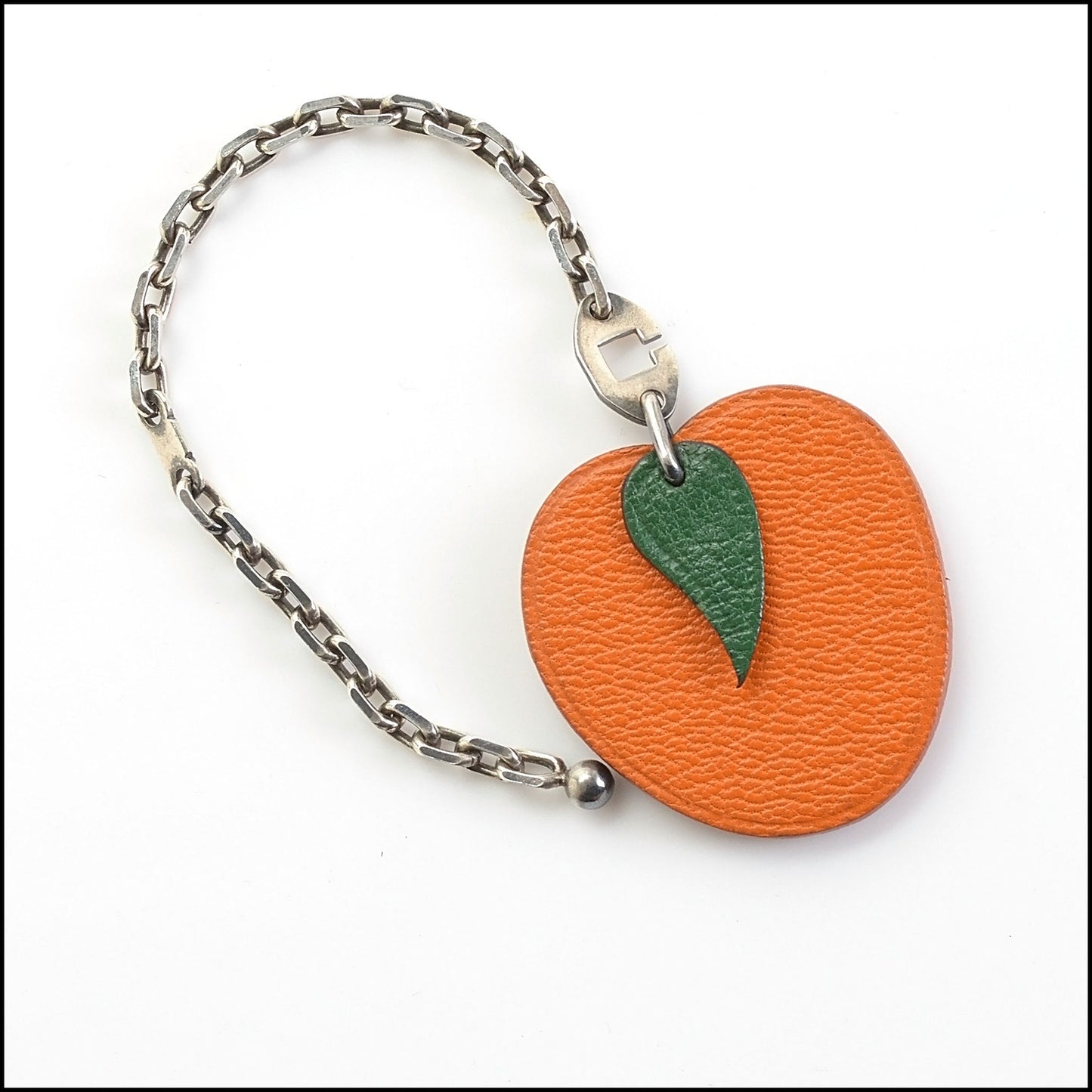 RDC14119 Authentic HERMES Vintage Leather Orange Apricot Charm On Silver Chain