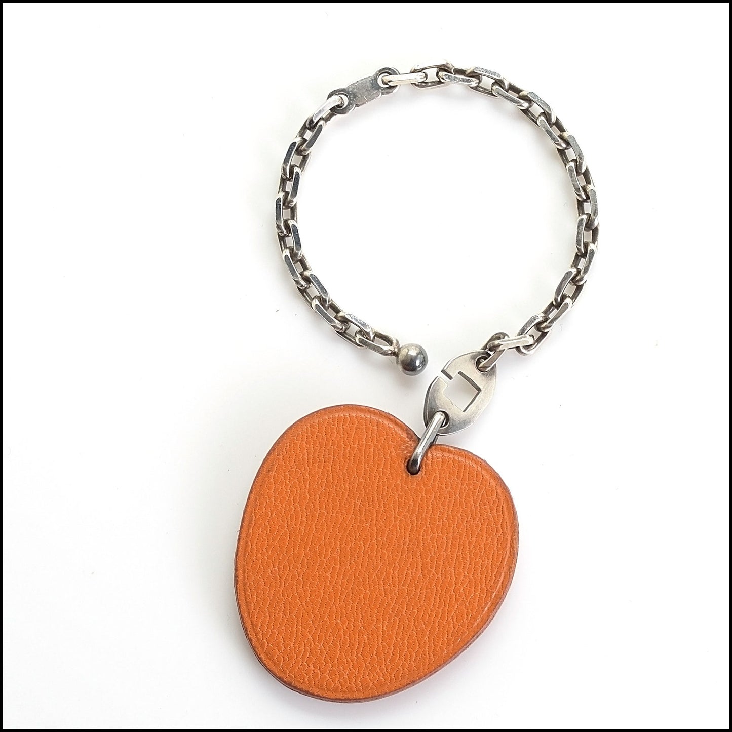 RDC14119 Authentic HERMES Vintage Leather Orange Apricot Charm On Silver Chain