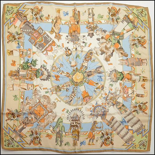 RDC14012 Authentic HERMES Vintage Beige/Multicolor Kachinas Kermit Oliver 90cm Silk Scarf