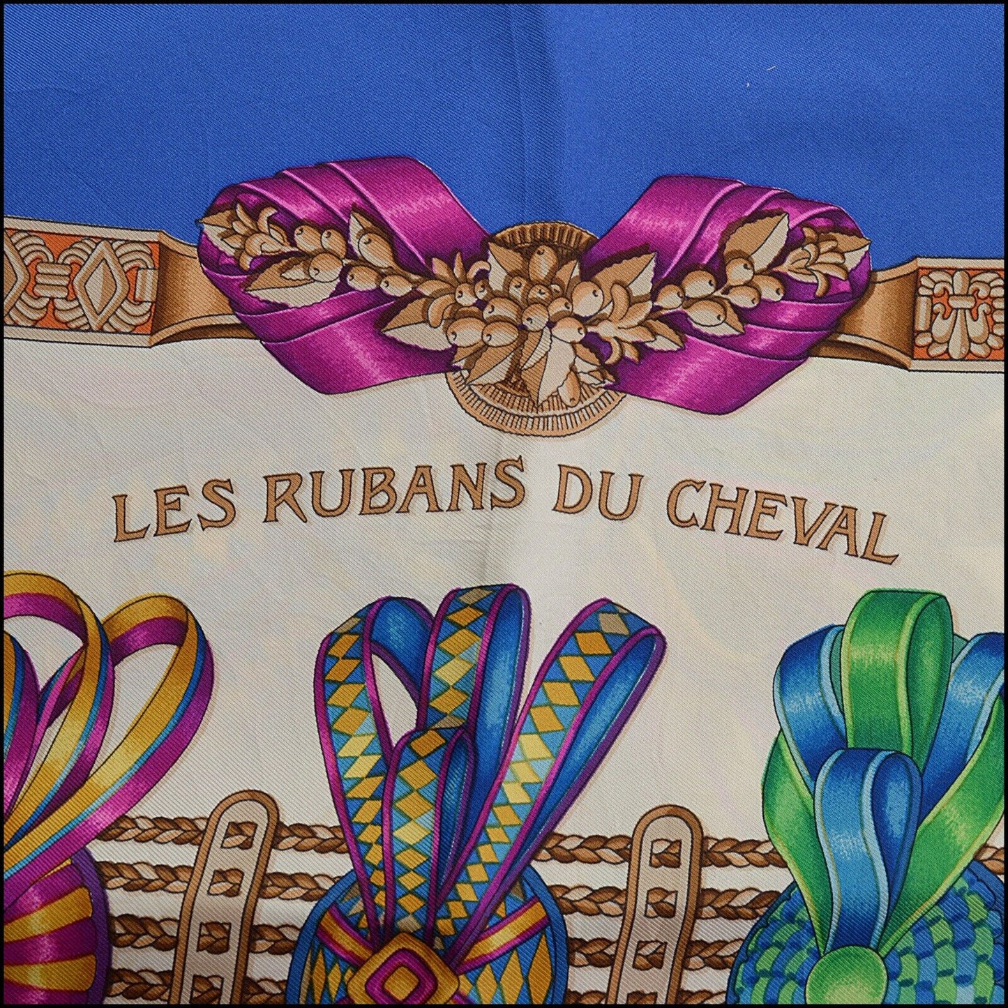 RDC13835 Authentic HERMES Blue / Multi Les Rubans Du Cheval 90cm Silk Scarf