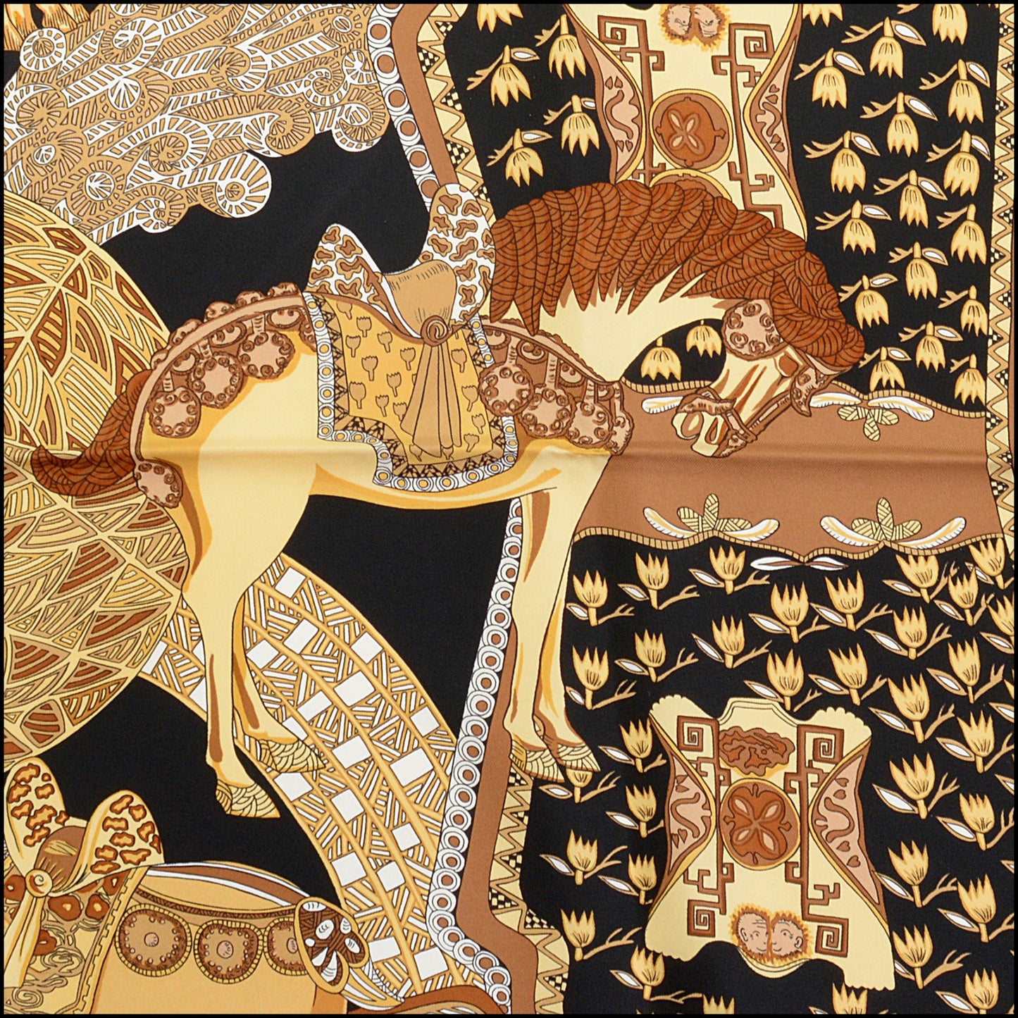 RDC14168 Authentic HERMES Black/Gold Art De Steppes 90cm Silk Scarf