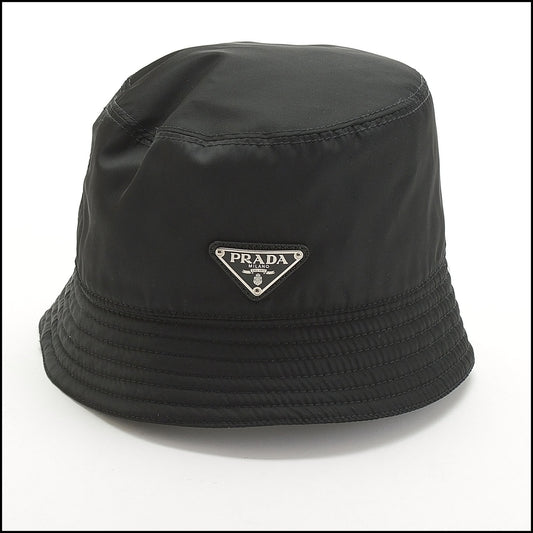 RDC14023 Authentic PRADA Black Nylon Logo Bucket Hat Size M