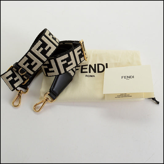 RDC14217 Authentic FENDI FF Back/White Fabric "Strap You" Shoulder Strap