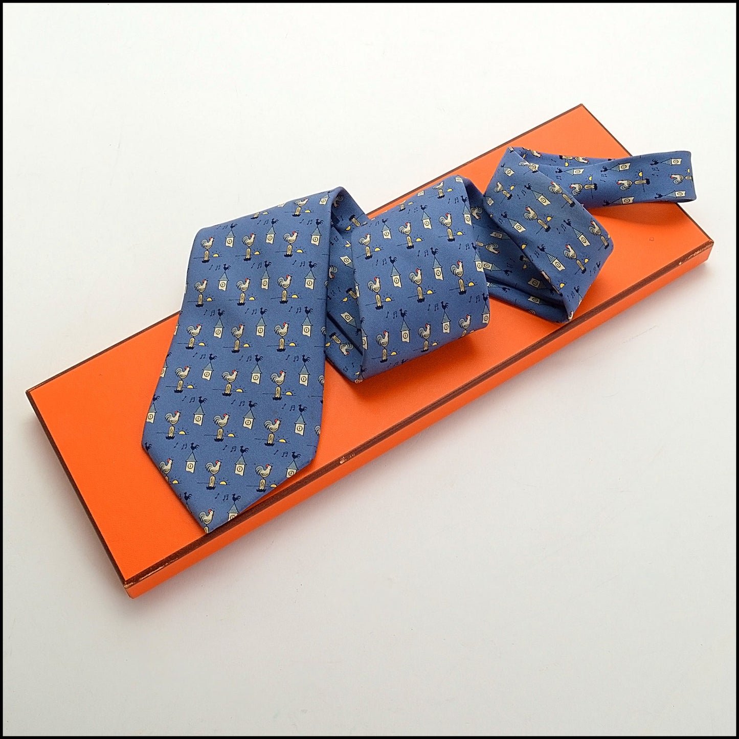 RDC13975 Authentic HERMES Blue Rooster Sunrise Silk 7871 UA Men's Tie