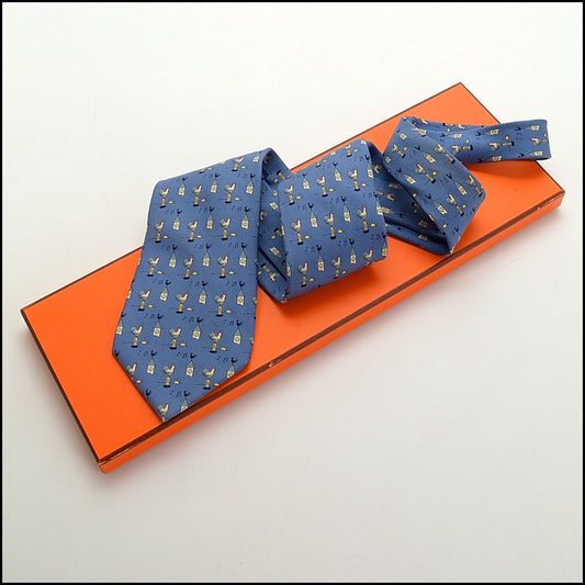 RDC13975 Authentic HERMES Blue Rooster Sunrise Silk 7871 UA Men's Tie