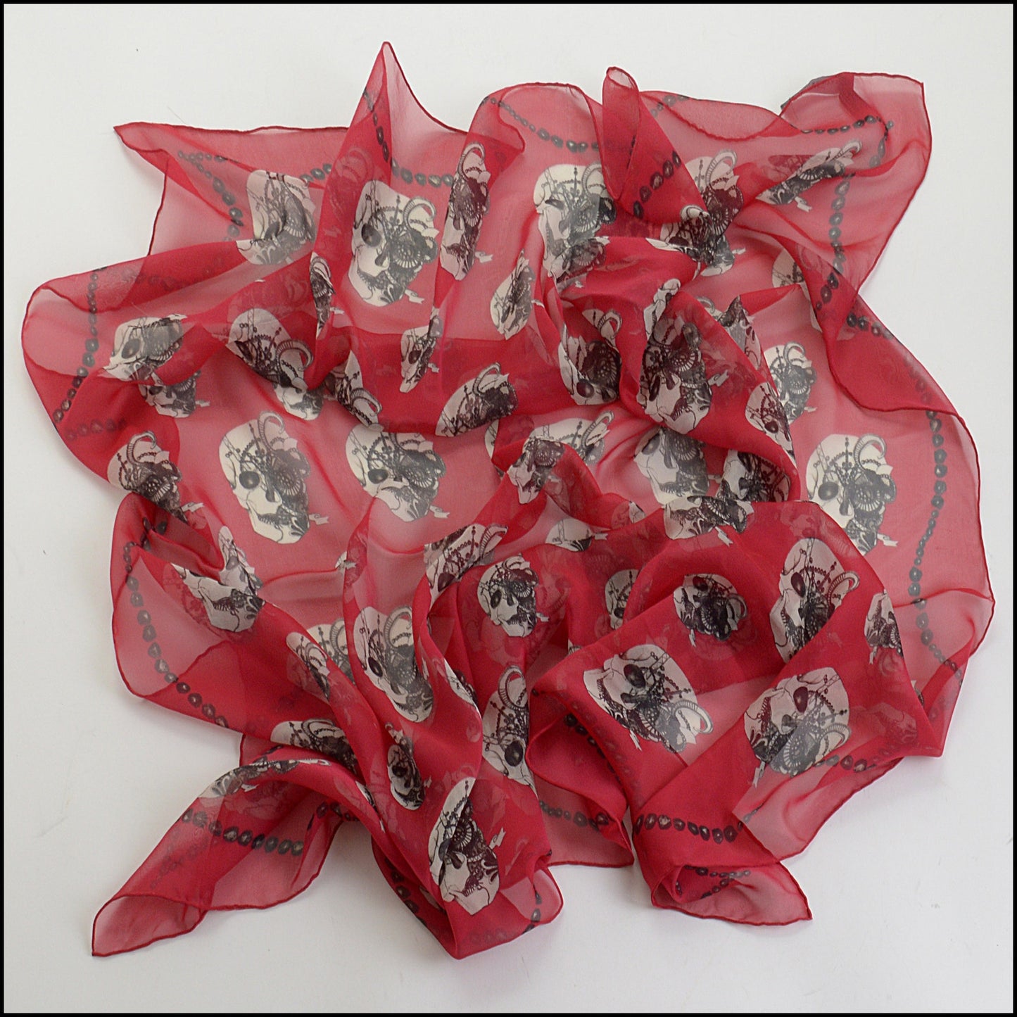 RDC14392 Authentic ALEXANDER MCQUEEN Red Silk Chiffon Decorated Skulls Scarf