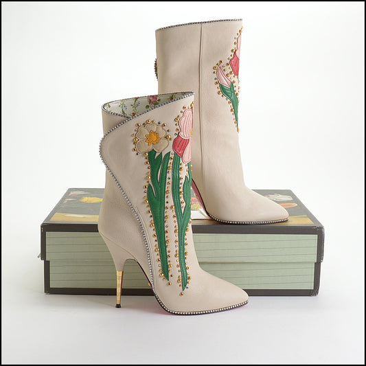 RDC14314 Authentic GUCCI Beige Leather Floral Fancy Cowgirl Boots Size 8