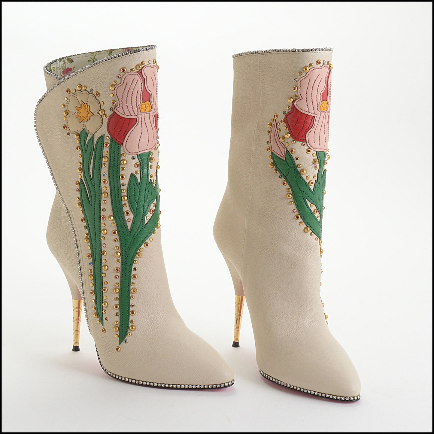 RDC14314 Authentic GUCCI Beige Leather Floral Fancy Cowgirl Boots Size 8