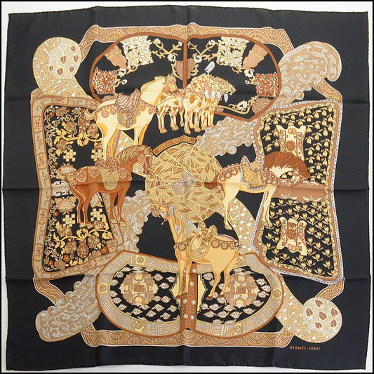 RDC14168 Authentic HERMES Black/Gold Art De Steppes 90cm Silk Scarf