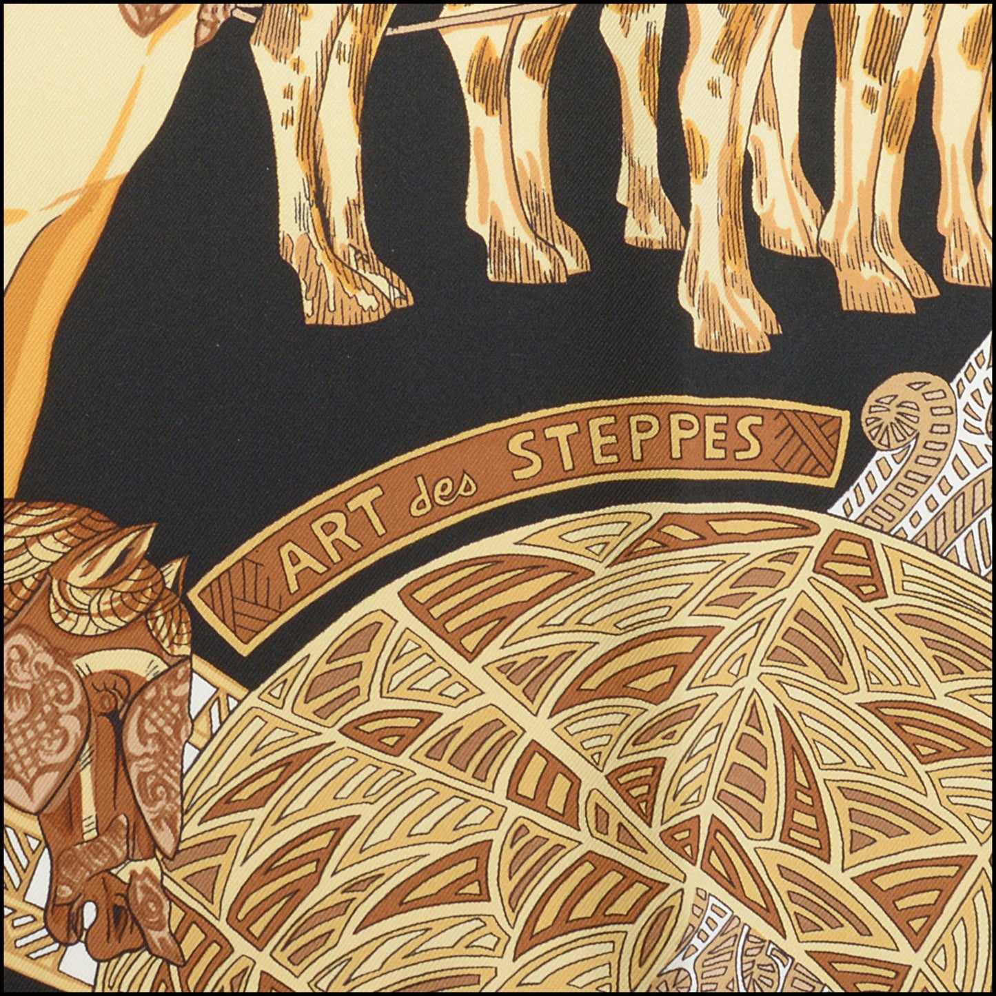 RDC14168 Authentic HERMES Black/Gold Art De Steppes 90cm Silk Scarf