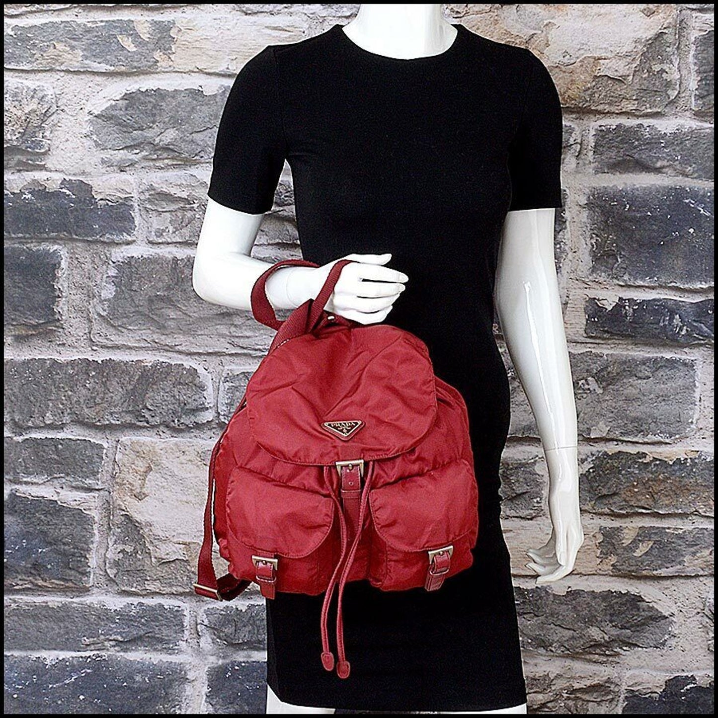 RDC11285 Authentic Vintage PRADA Red Nylon Tessuto Double Pocket Small Backpack