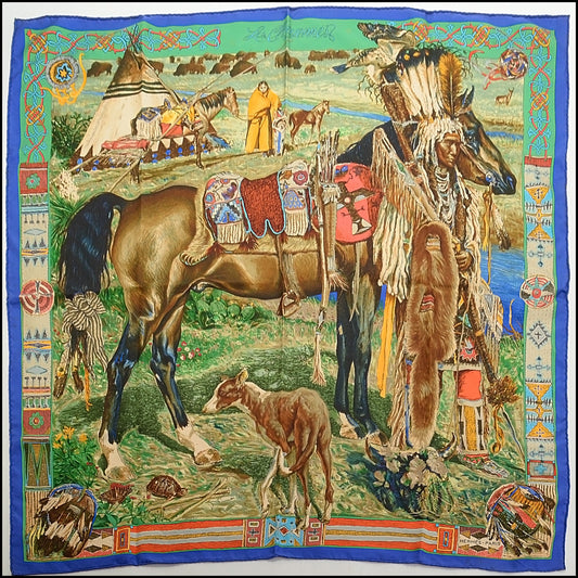 RDC14013 Authentic HERMES Vintage Royal Blue/Multi Les Cheyennes Kermit Oliver Silk Scarf