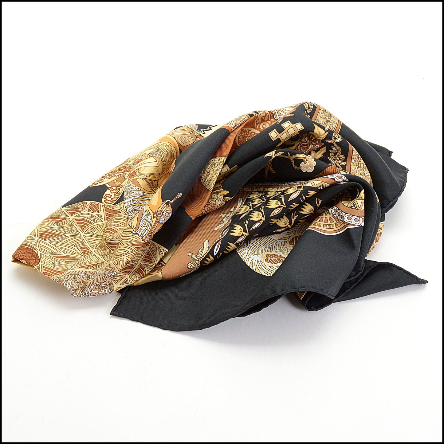 RDC14168 Authentic HERMES Black/Gold Art De Steppes 90cm Silk Scarf