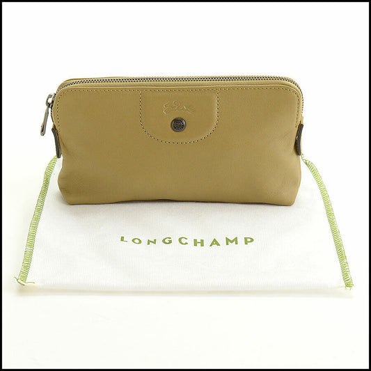 RDC12290 Authentic LONGCHAMP Green Leather Cosmetic Bag Zip Pouch Makeup Case