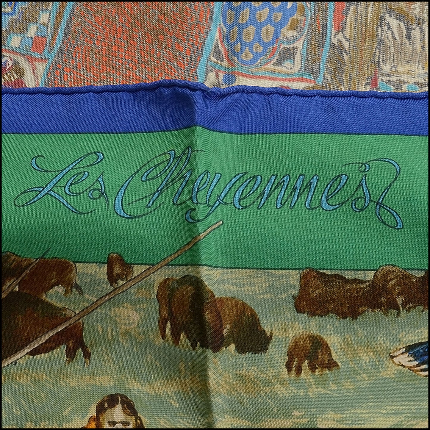 RDC14013 Authentic HERMES Vintage Royal Blue/Multi Les Cheyennes Kermit Oliver Silk Scarf