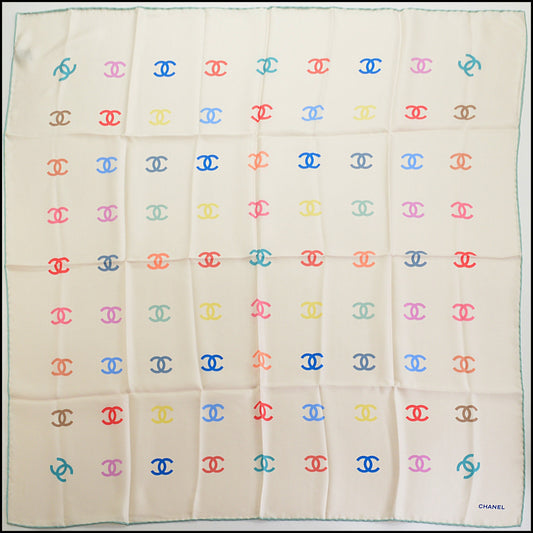 RDC14299 Authentic CHANEL White & Multicolored "cc"s 90cm Square Silk Scarf