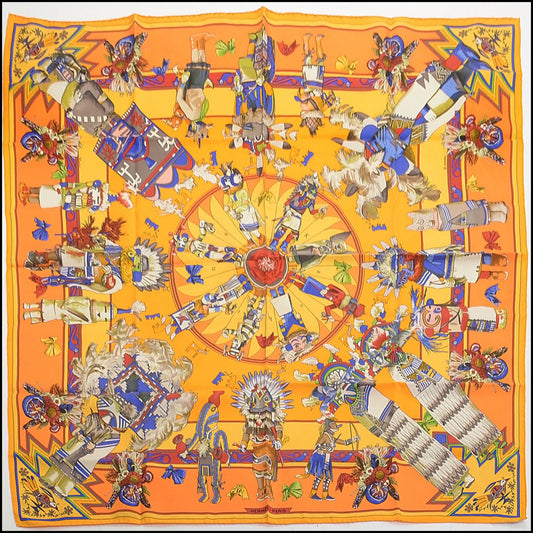 RDC14010 Authentic HERMES Vintage Yellow/Multicolor Kachinas Kermit Oliver 90cm Silk Scarf