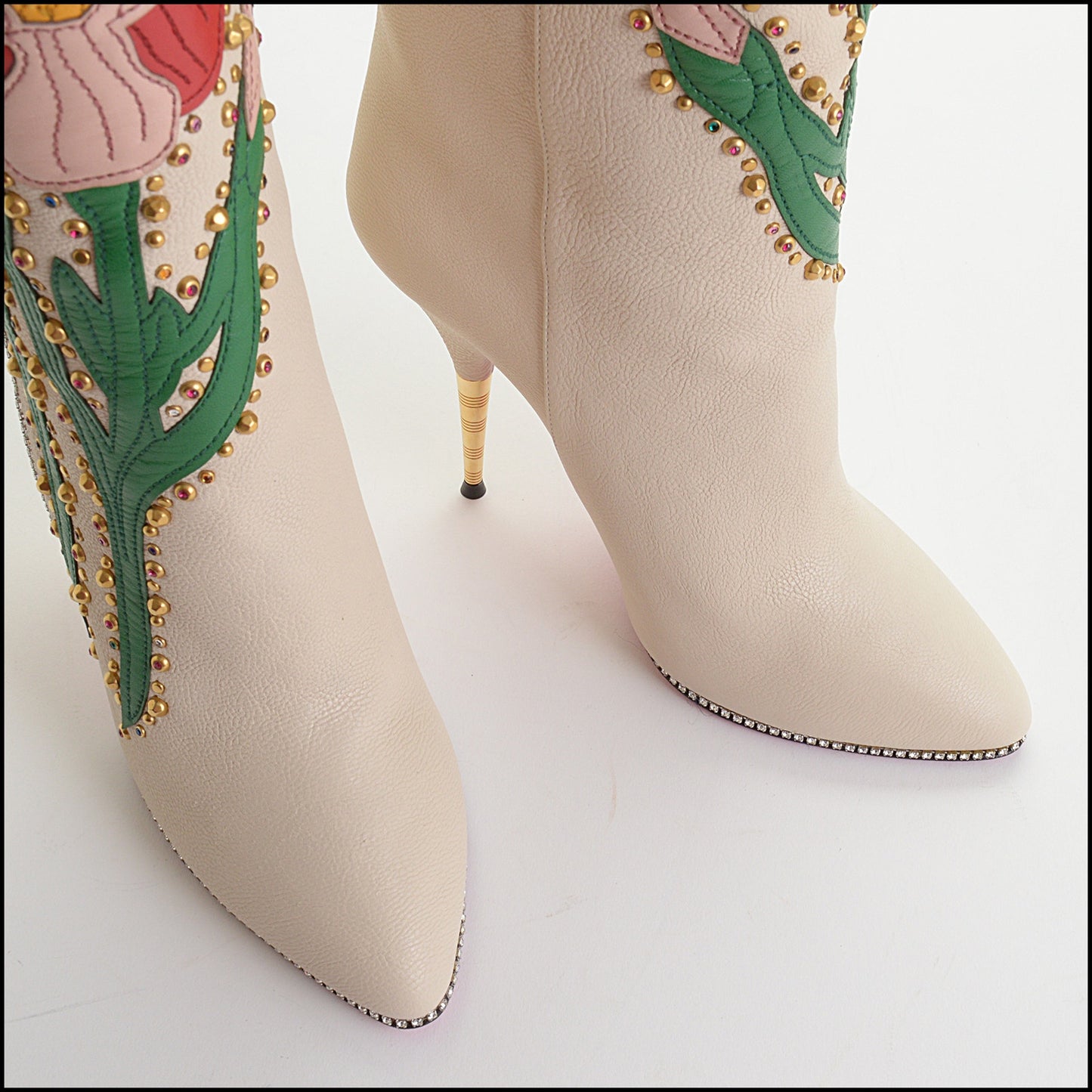 RDC14314 Authentic GUCCI Beige Leather Floral Fancy Cowgirl Boots Size 8