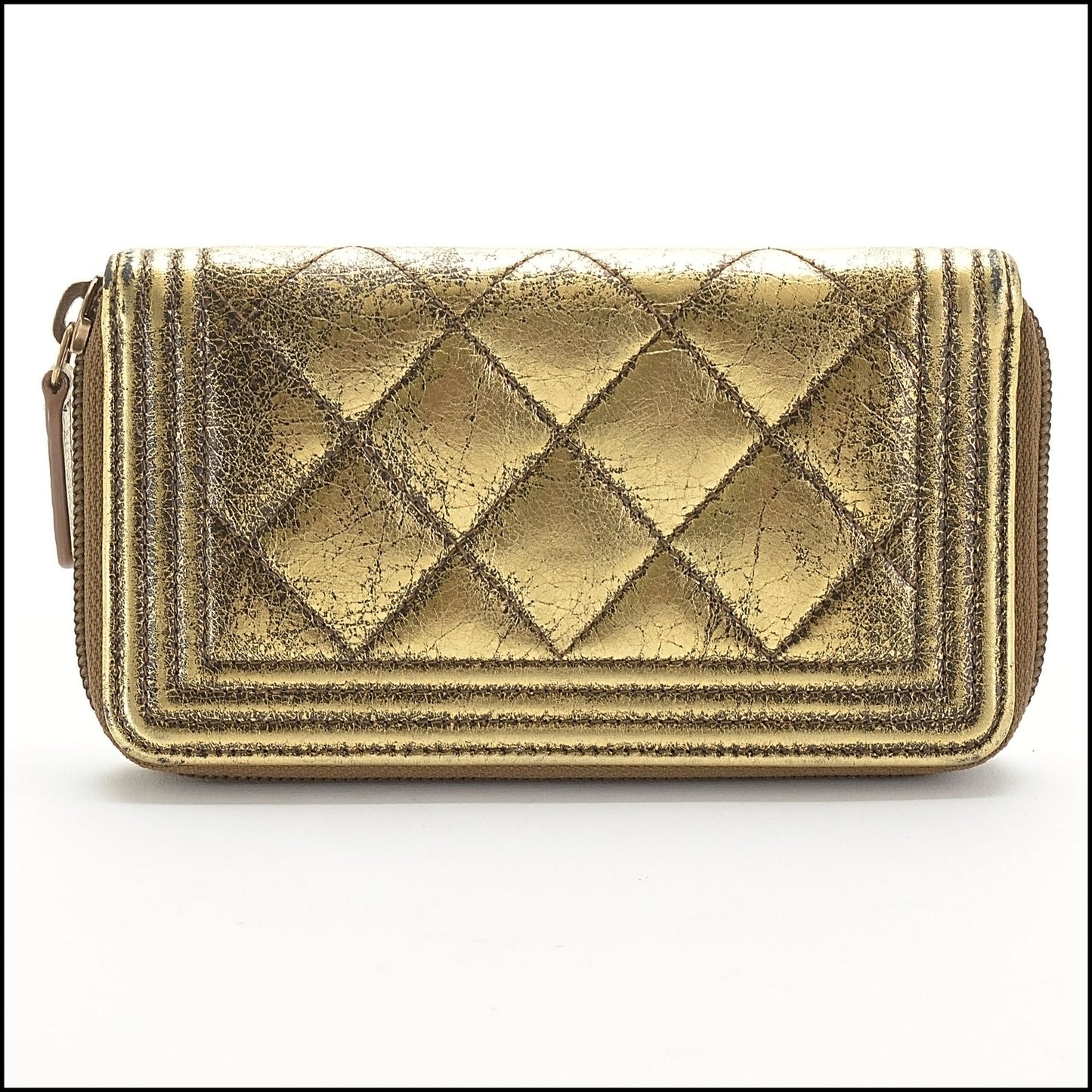 RDC13969 Authentic CHANEL '17 Distressed Gold Quilted Medium Boy Zip Wallet