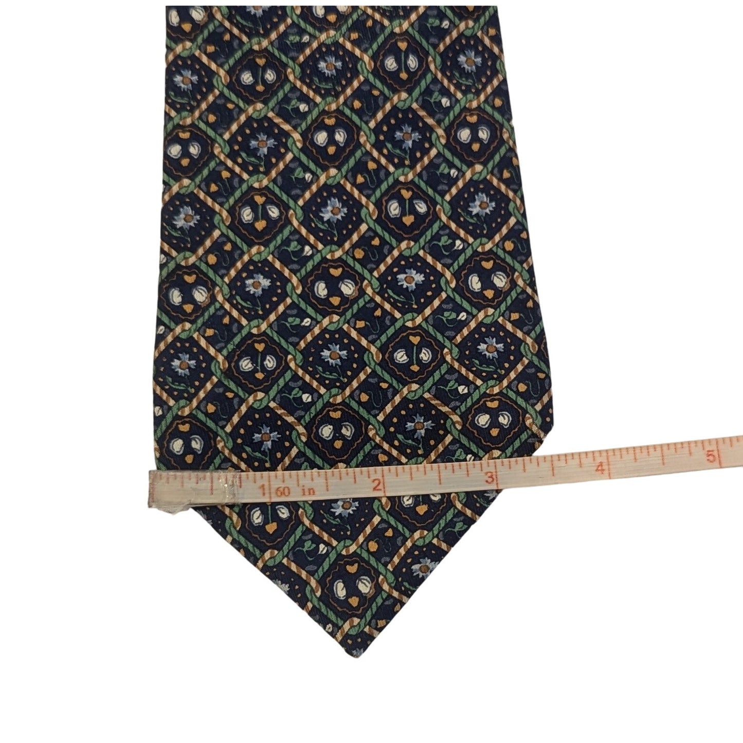 RDC13785 Authentic HERMES Navy/Green Links & White Flower Silk Tie