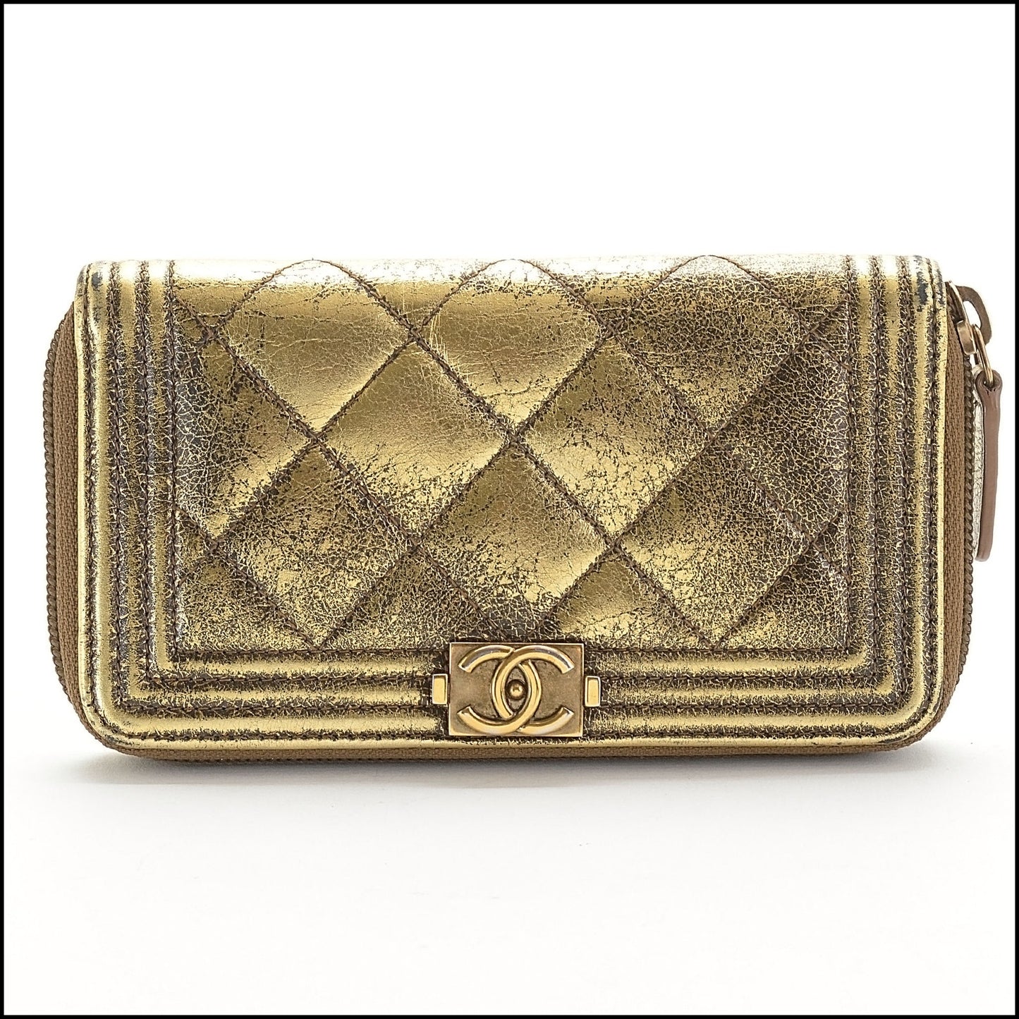 RDC13969 Authentic CHANEL '17 Distressed Gold Quilted Medium Boy Zip Wallet