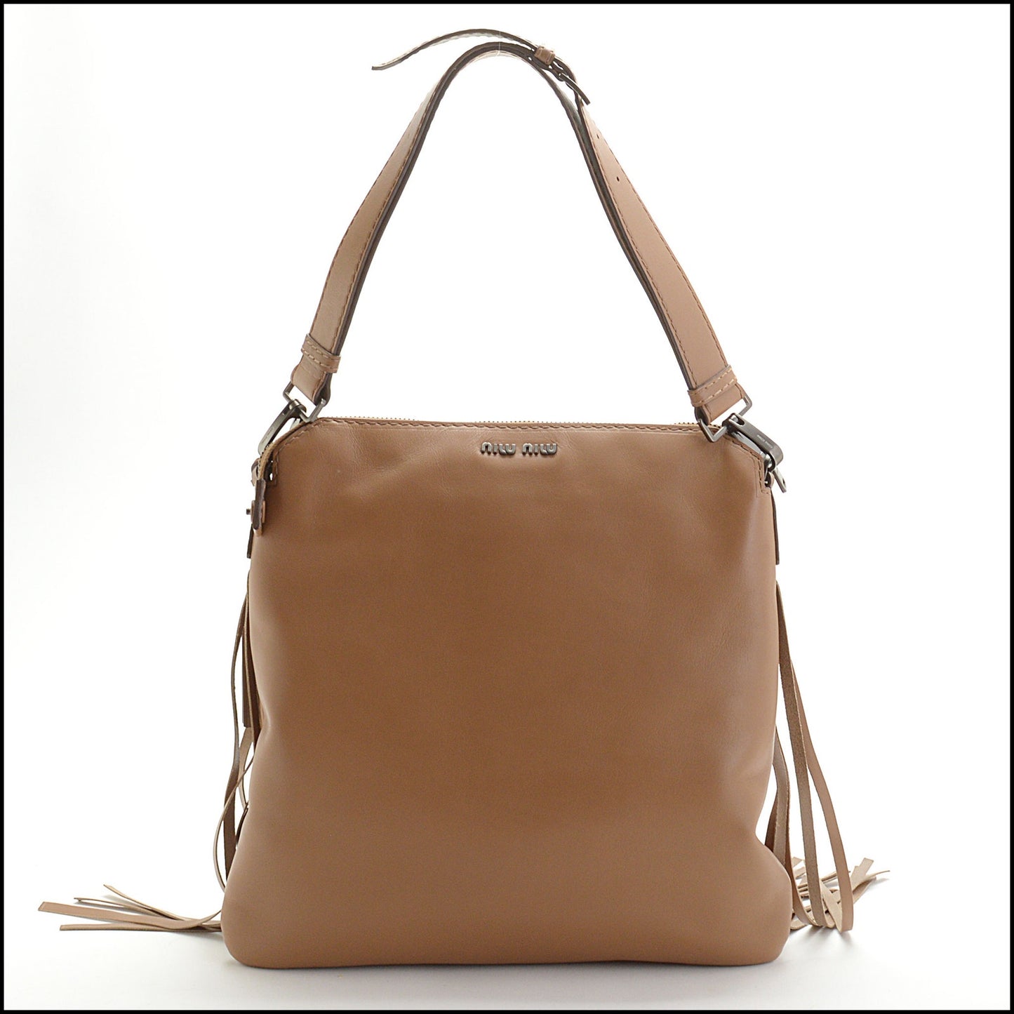 RDC13942 Authentic MIU MIU Brown Leather Fringe Shoulder Bag