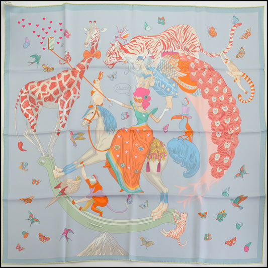 RDC14373 Authentic HERMES Bleu Blacier/Rose Hermes Story 90cm Silk Scarf