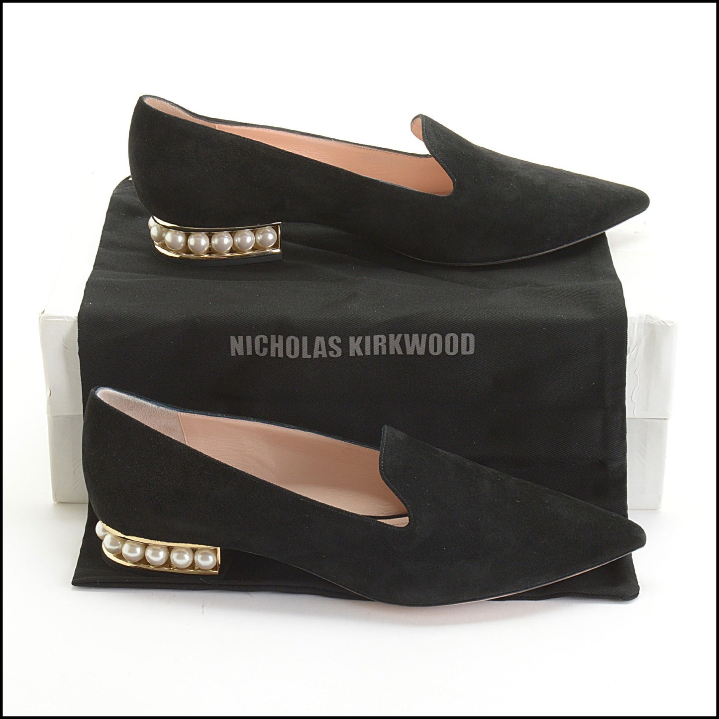 RDC14076 Authentic NICHOLAS KIRKWOOD Black Suede Pearl Flats Size 8.5