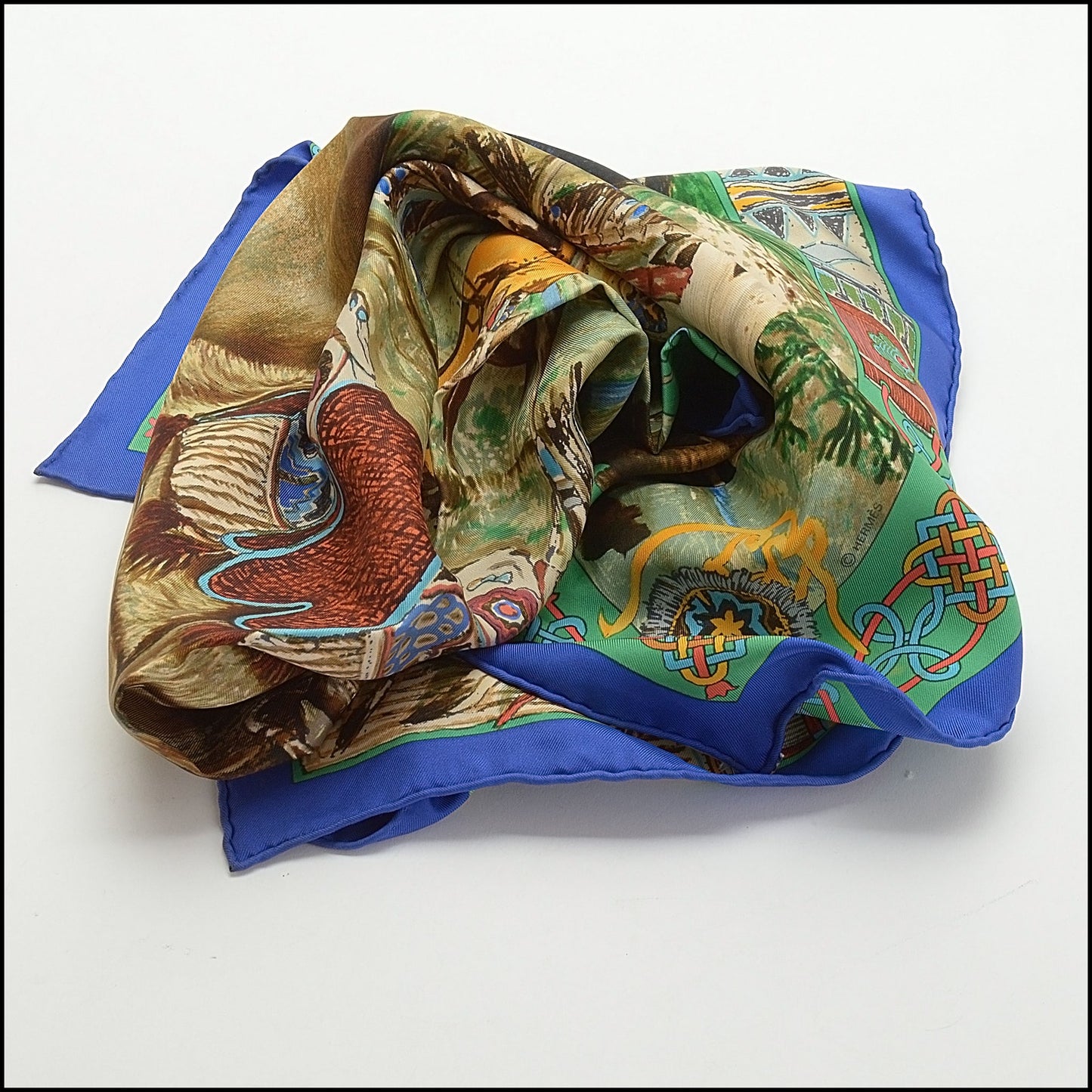 RDC14013 Authentic HERMES Vintage Royal Blue/Multi Les Cheyennes Kermit Oliver Silk Scarf