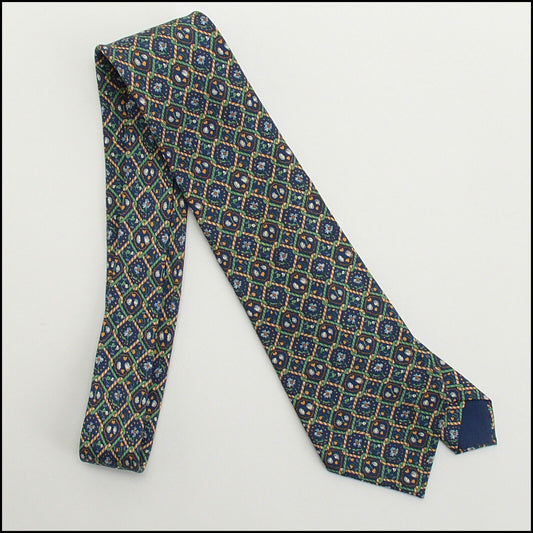 RDC13785 Authentic HERMES Navy/Green Links & White Flower Silk Tie