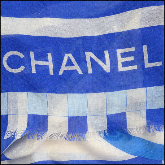 RDC13758 Authentic CHANEL Blue / Ivory Mementos Cashmere Silk Scarf Wrap