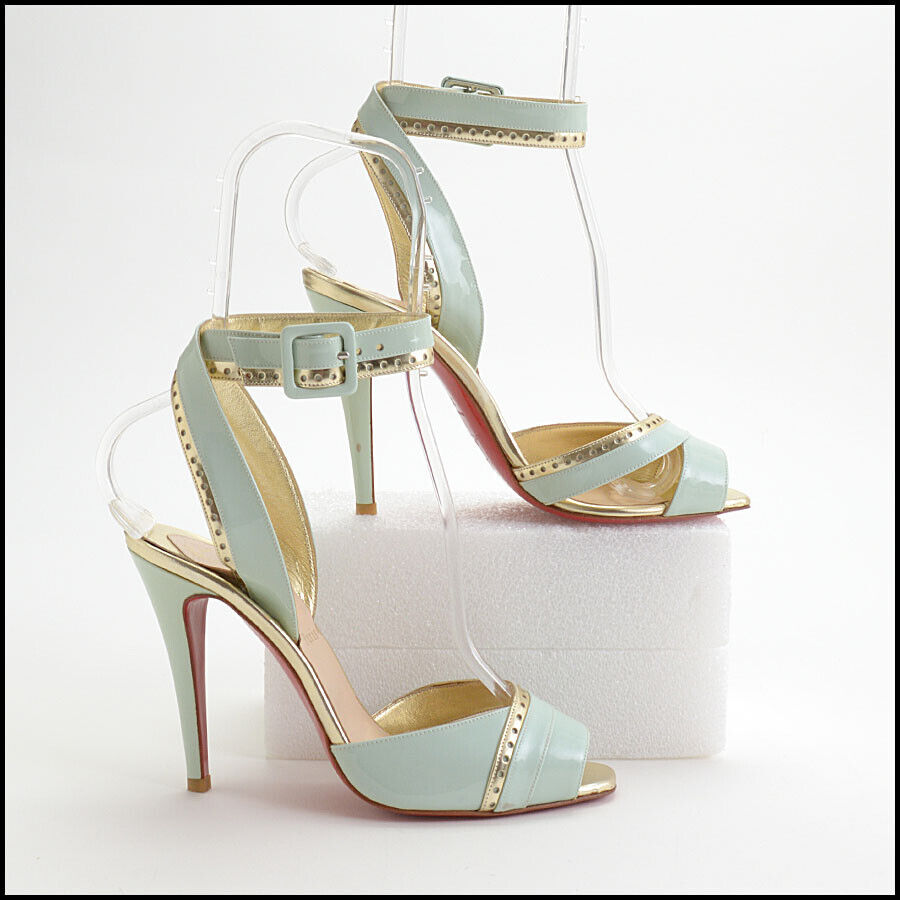 RDC13497 Authentic LOUBOUTIN Pale Green & Gold Patent Peep Toe